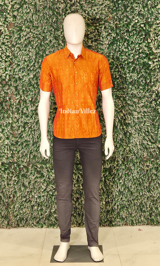 Orange Pochampally Ikat Cotton Half Sleeve Shirt for Men 