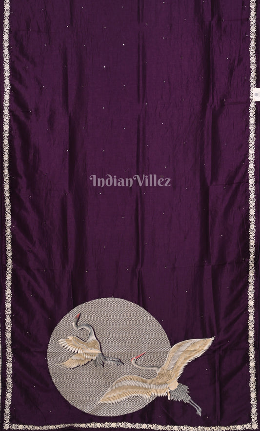 Purple Parsi Gara Satin Hand Embroidery Saree 
