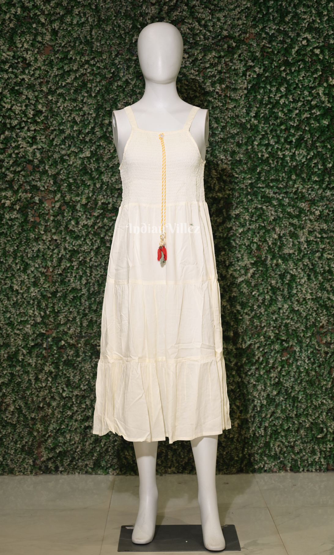 Off-White Cotton Floral Print Sleeveless Middi Frock with Shrug