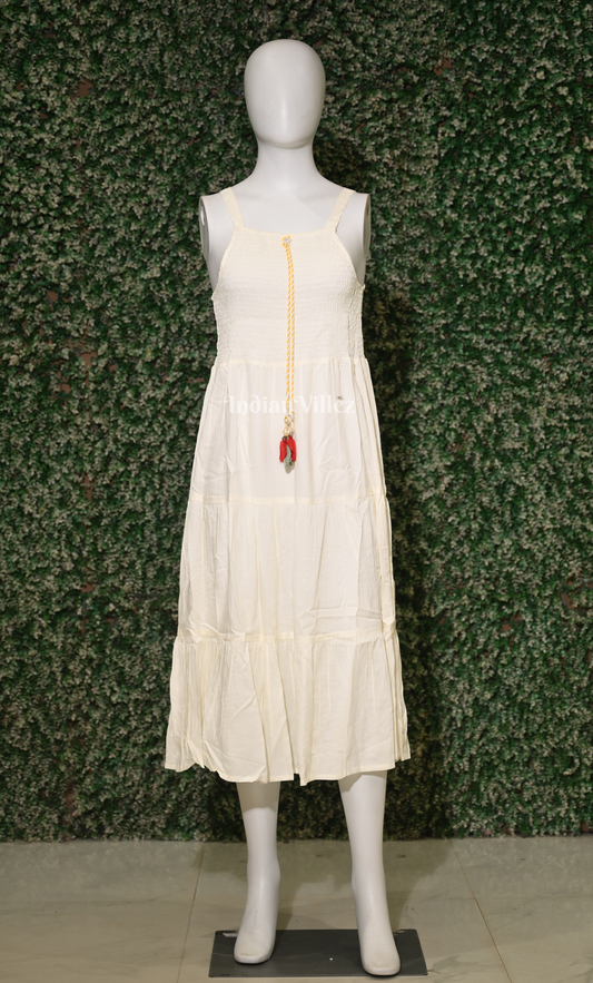 Off-White Cotton Floral Print Sleeveless Middi Frock with Shrug
