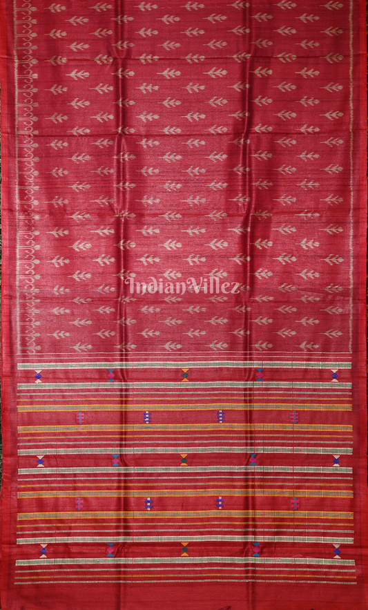 Maroon Tribal Theme Gopalpur Tussar Silk Saree with Ganga Jamuna Border Double Anchal