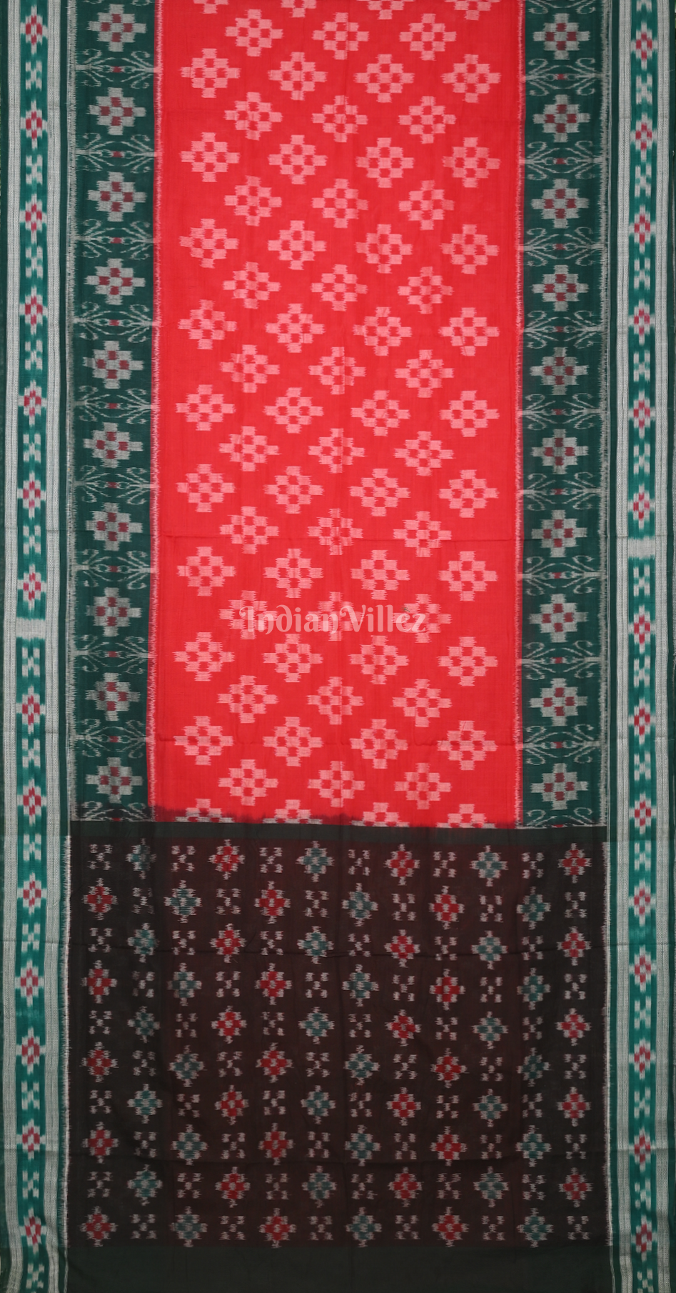 Red Green Black Pasapali Scot Odisha Ikat Sambalpuri Cotton Saree 