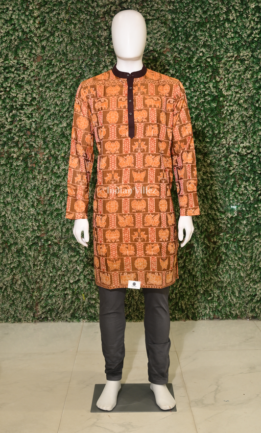 Brown Orange Odisha Ikat Sambalpuri Cotton Kurta For Men 