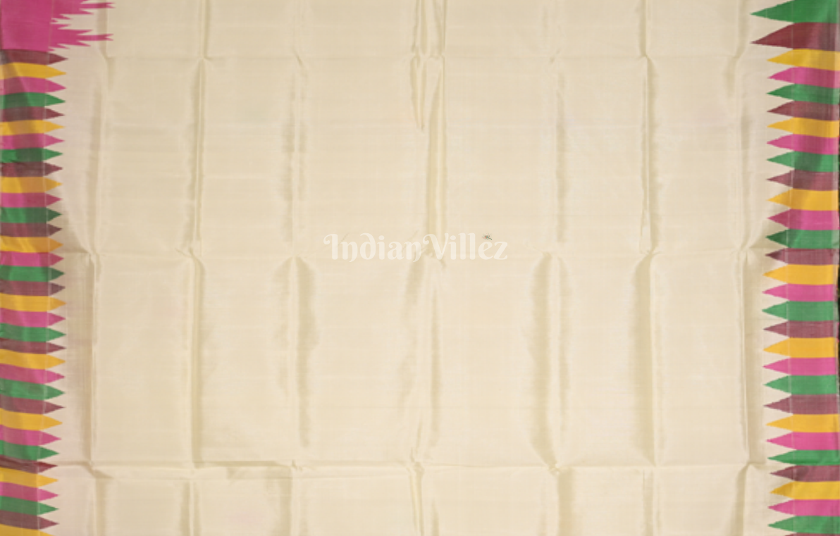 White with Multicolour  Fish Motif Double Pallu Berhampuri Silk Saree 