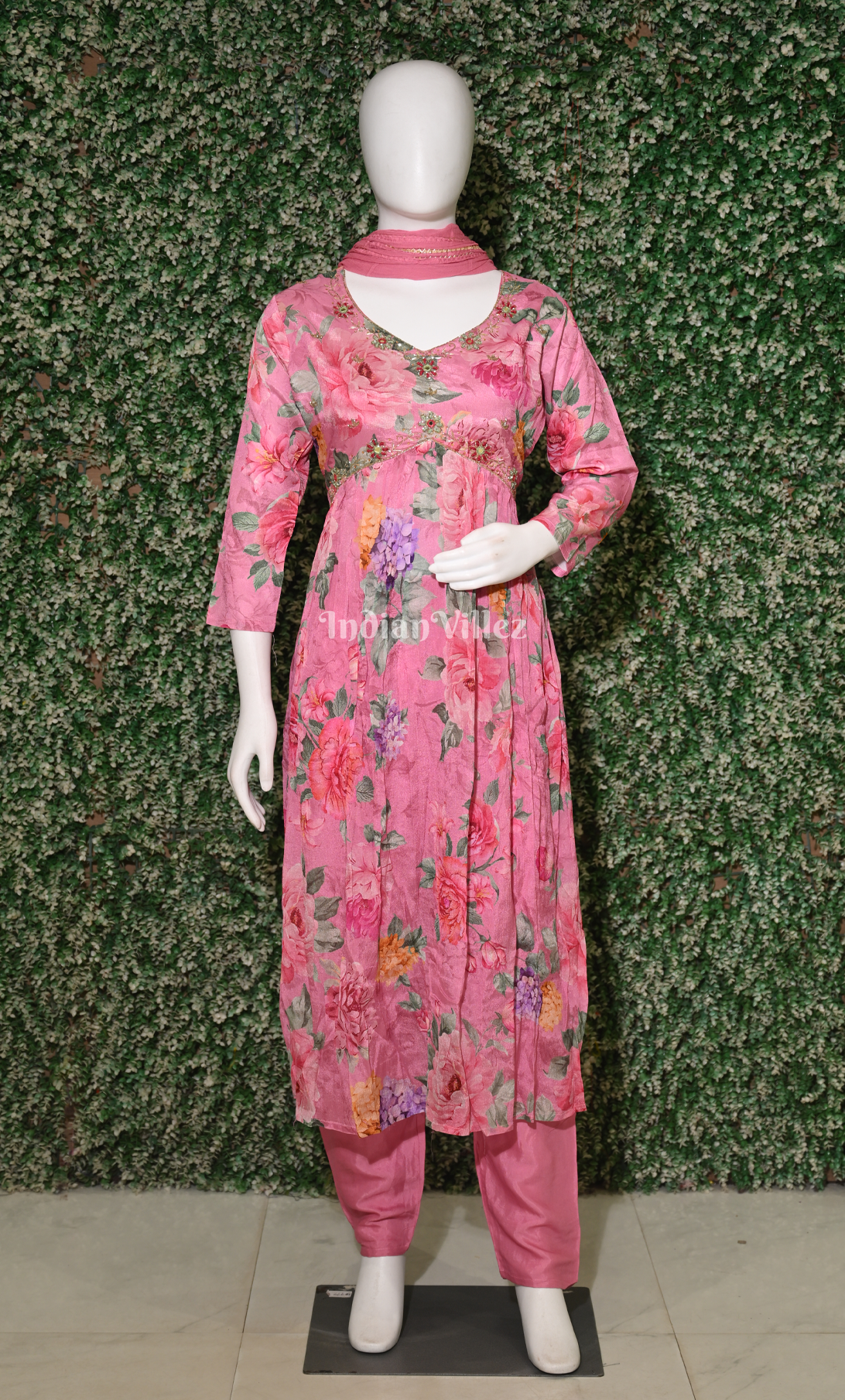 Baby Pink Floral Embroidered Alia Cut Kurta Plazzoo with Dupatta set 