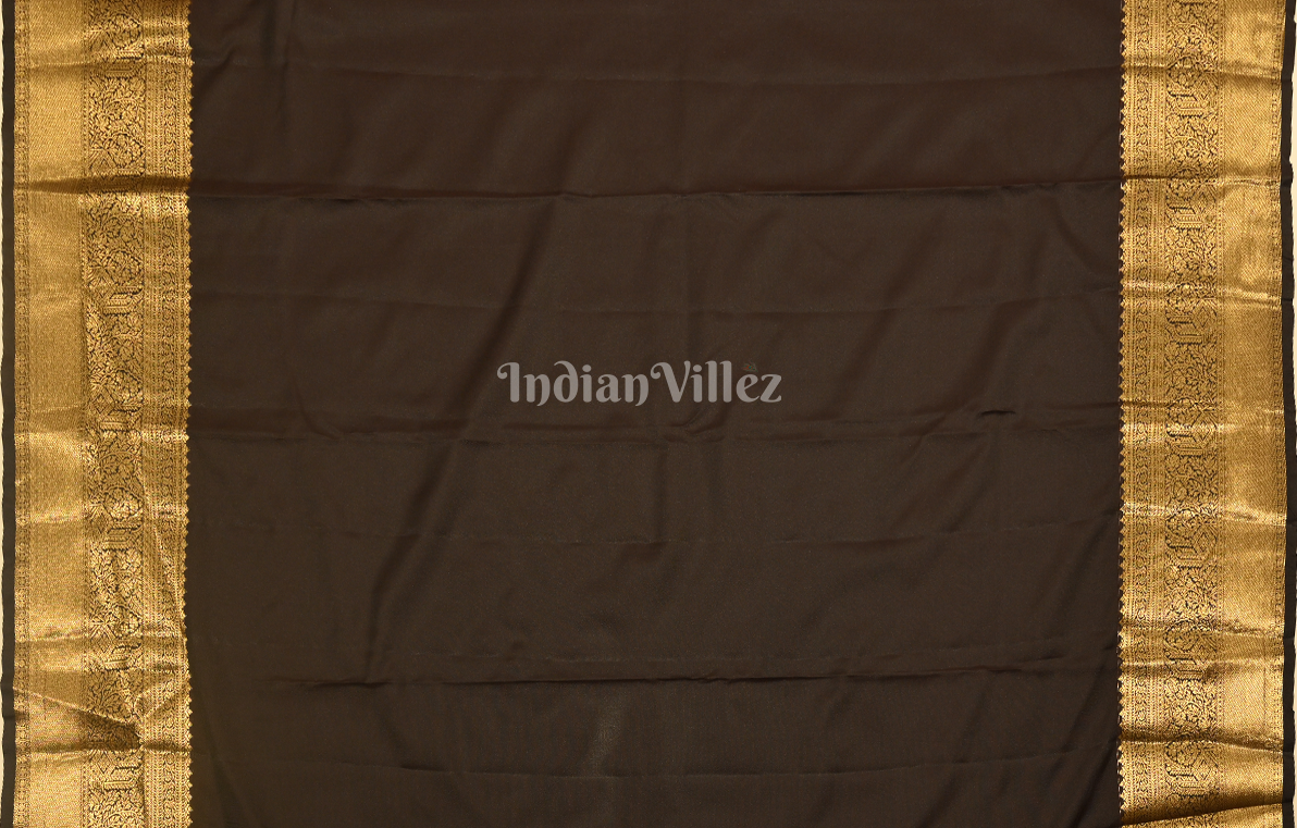 Black Golden Leaf Motif Pure Brocade Kanjivaram Silk Saree 