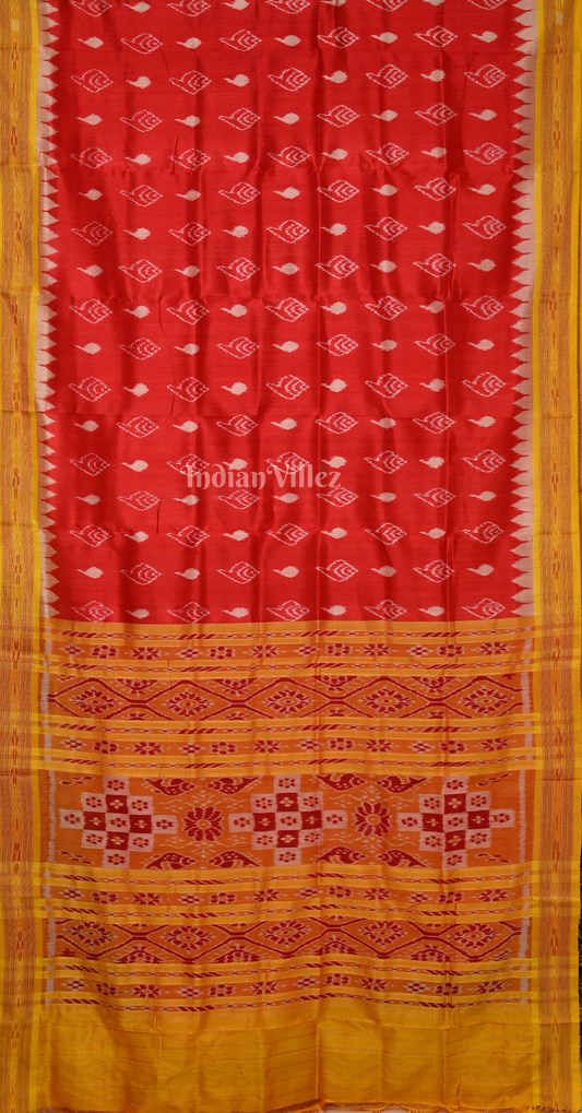 Red Yellow Sankha Motif Odisha Ikat Khandua Silk Saree with Pasapali Anchal