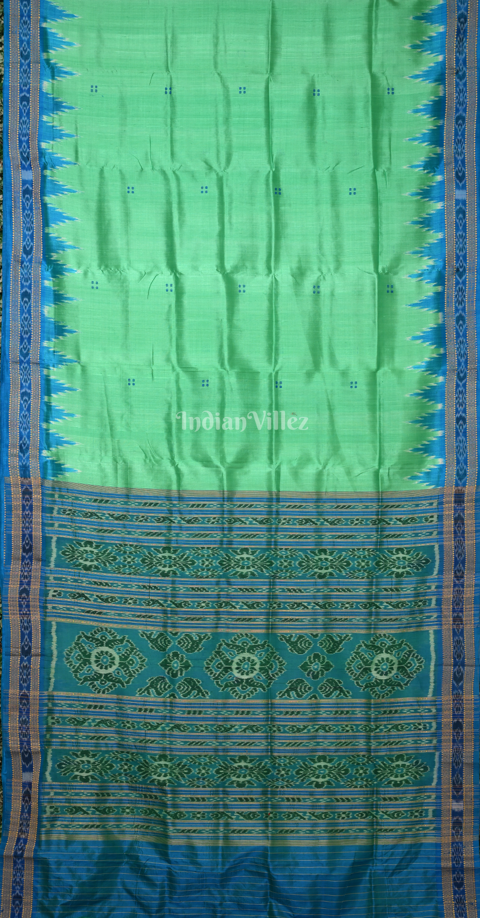Mint Green Blue Buti Design Odisha Ikat Khandua Silk Saree 