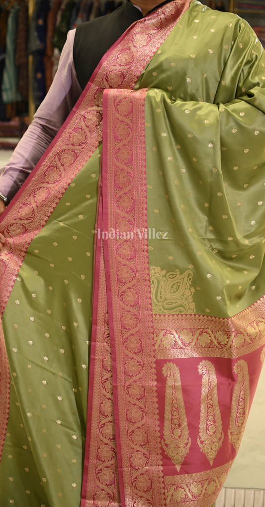 Lime Green Satin Silk Banarasi Saree with Brocade Blouse Piece