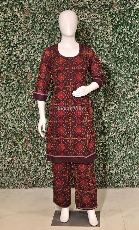 Coffee Maroon Tribal Motif Cotton Kurti Set with Pallazo