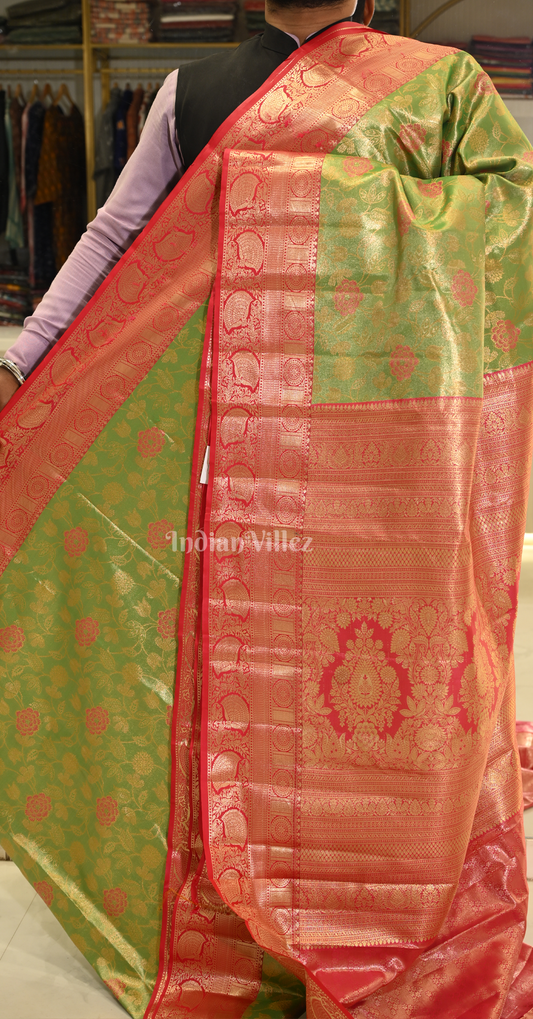 Exclusive Parrot Green Maroon Brocade Pure Kanjivaram Silk Saree 