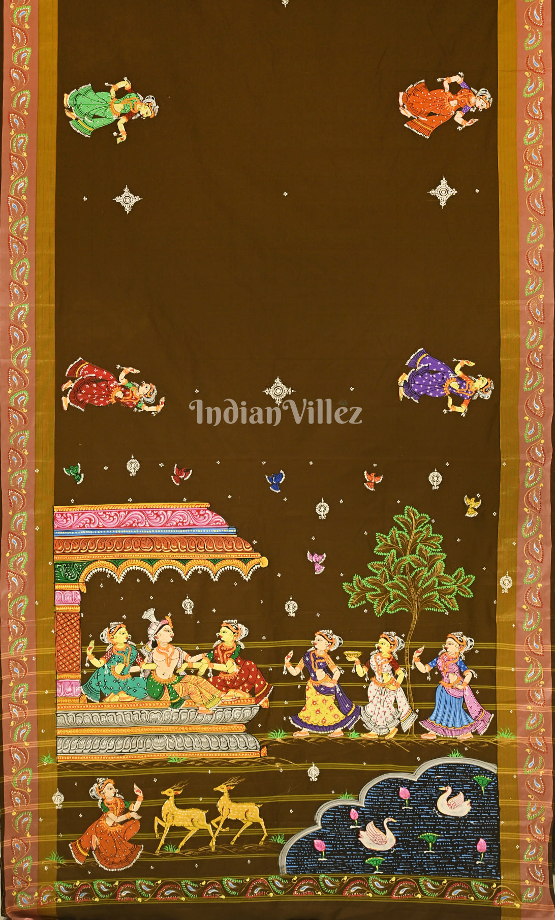 Mehendi Green Krishna Raasleela Hand-Painted Pattachitra Sare