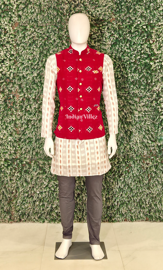 Red Pasapali Odisha Ikat Half Bandi Jacket for Men
