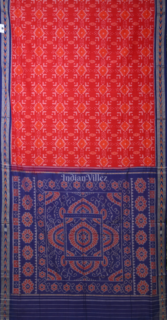 Red Blue Floral Motif Odisha Ikat Sambalpuri Cotton Saree 