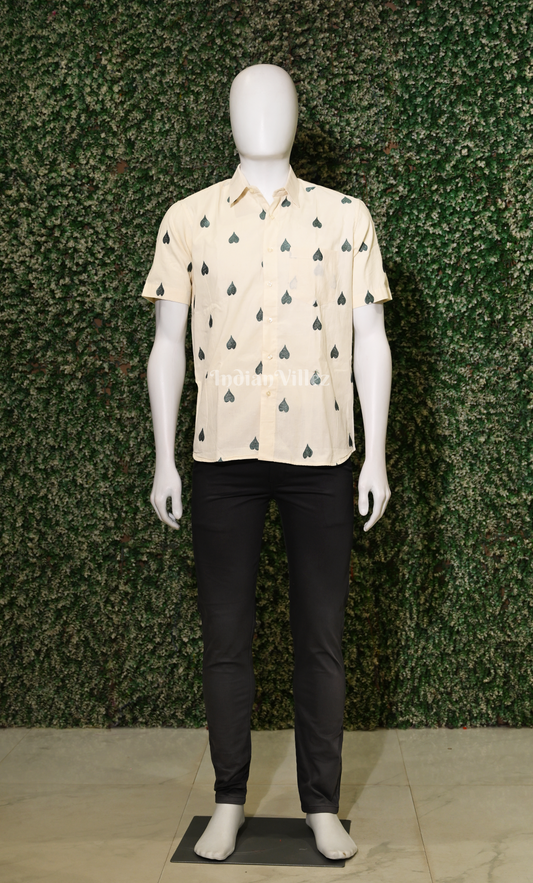 White Green Thread work leaf shaped motif Odisha Ikat Cotton Half Sleeve Shirt 