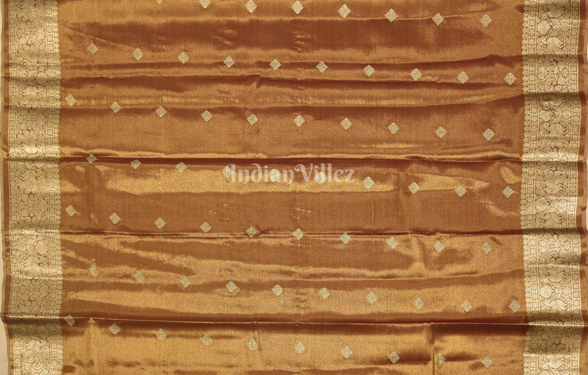 Copper Brown Golden Pure Kanjivaram Tissue Silk Saree 