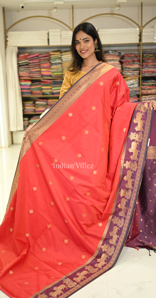 Red Purple Pichwai Satin Silk Banarasi Saree 