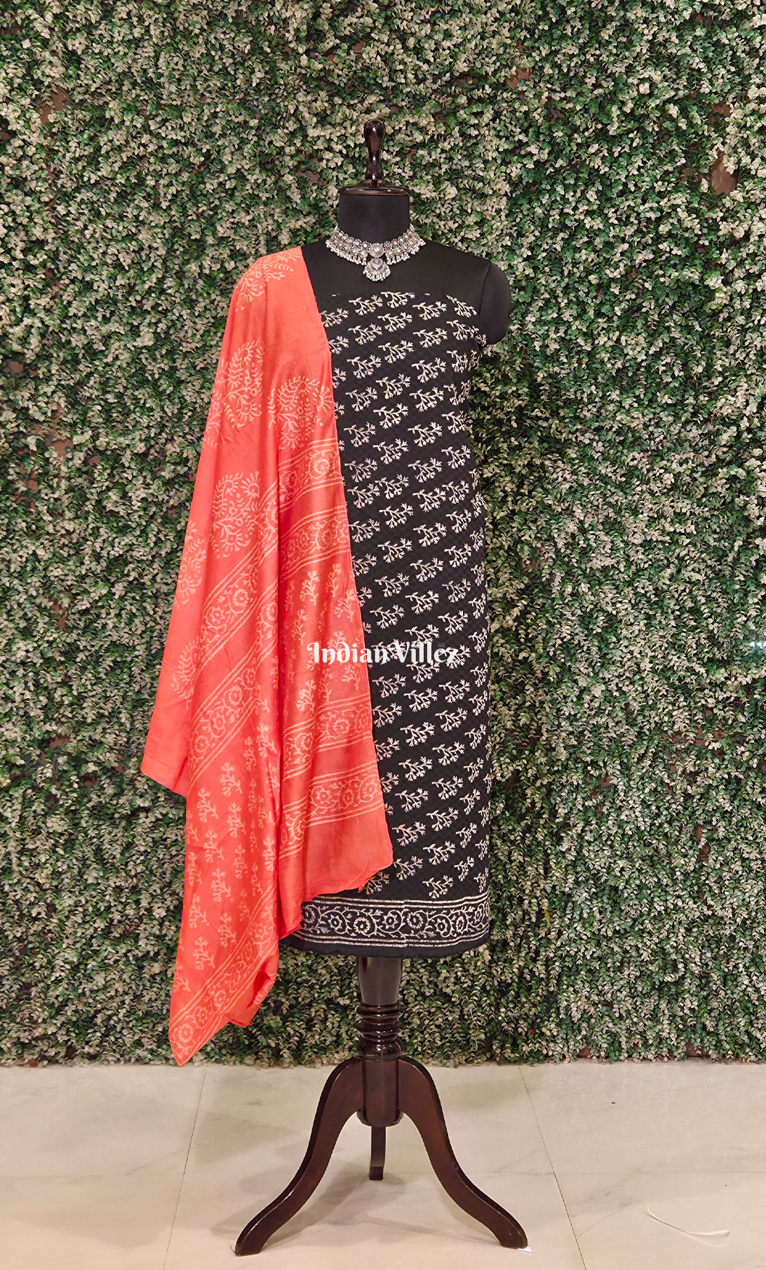 Black Orange Block Printed Chanderi Silk Suit Sets