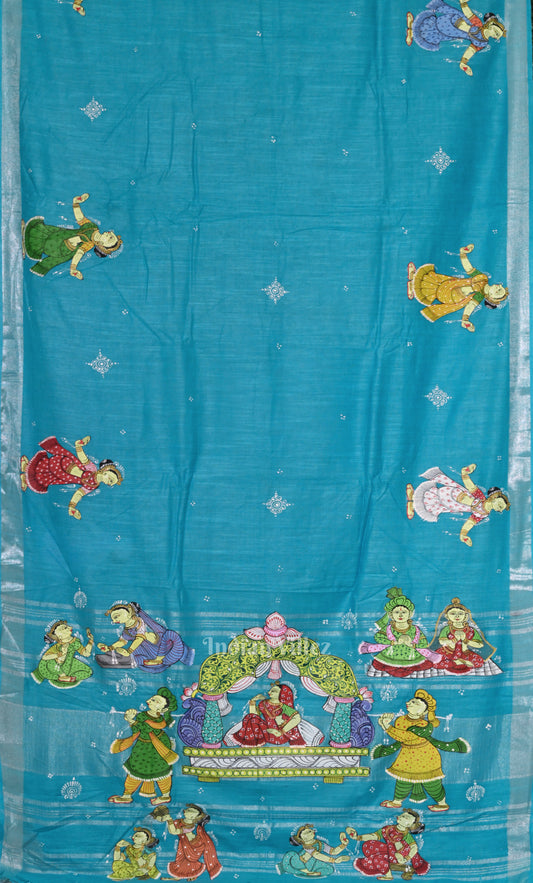Sky Blue Doli Barat Theme Hand-Painted Pattachitra Saree 