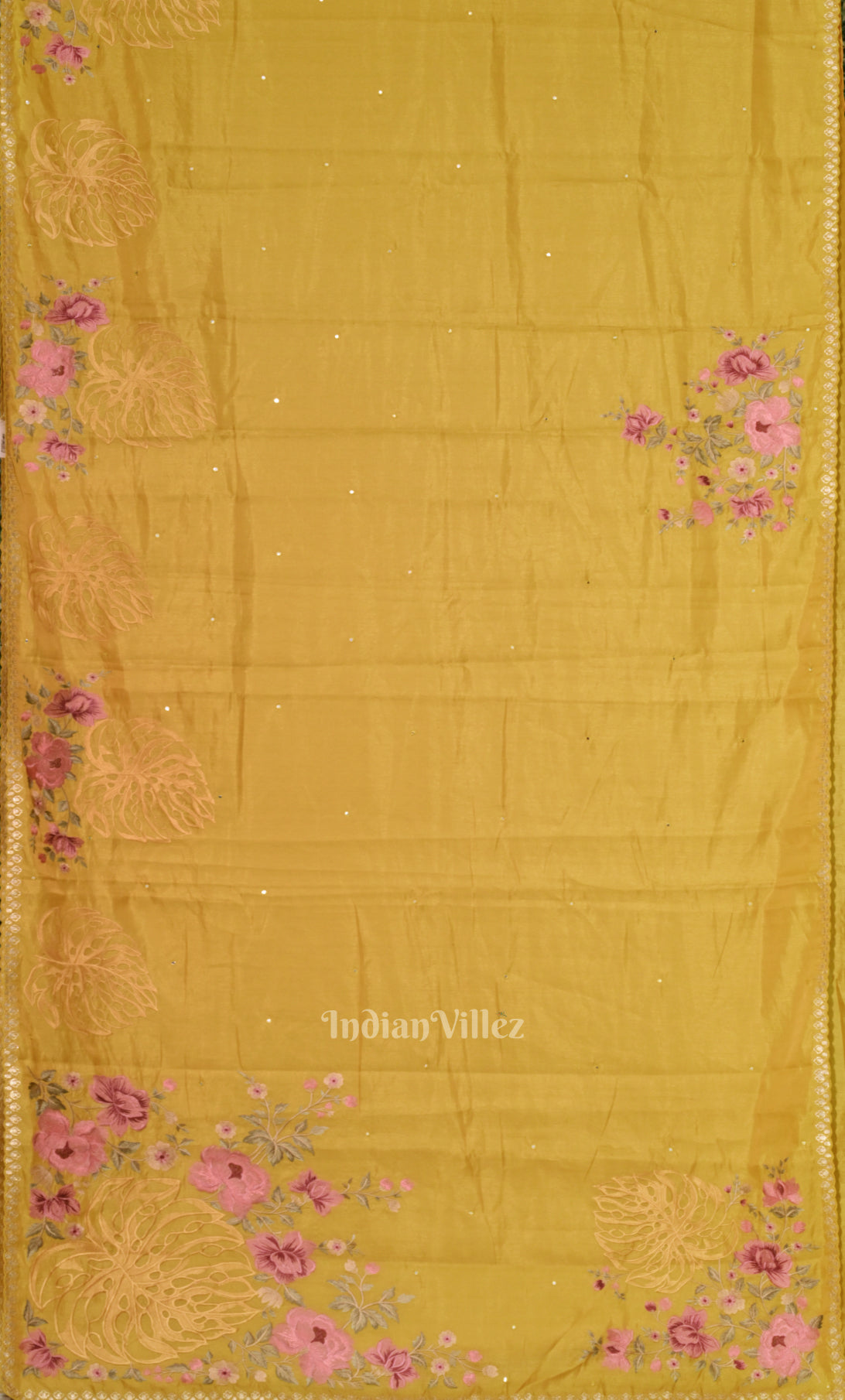 Yellow Mirror Tussar Silk Saree With Floral Hand Embroidery