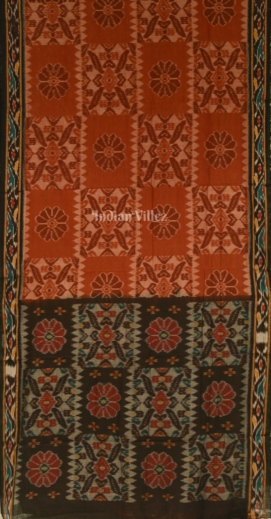 Brick Red Black Computer Theme Odisha Ikat Maniabandha Cotton Saree 