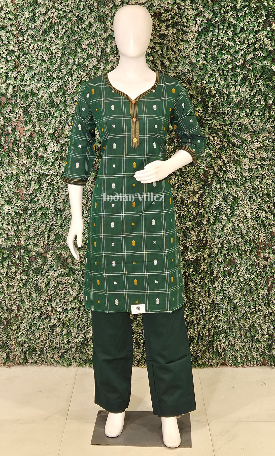 Green Yellow Fish Motif Odisha Ikat Designer Cotton Kurti Set with Pallazo 