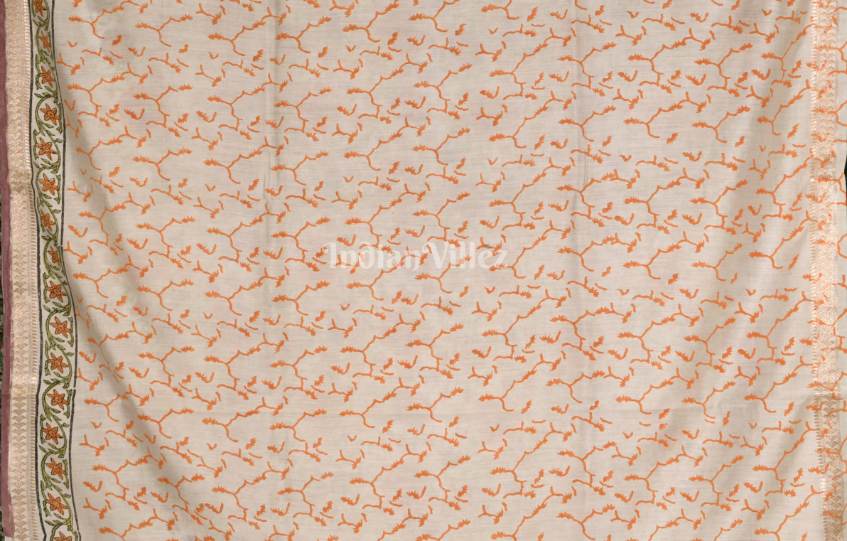 Cream with MultiColour Block Printed Sanganeri Cotton Saree 