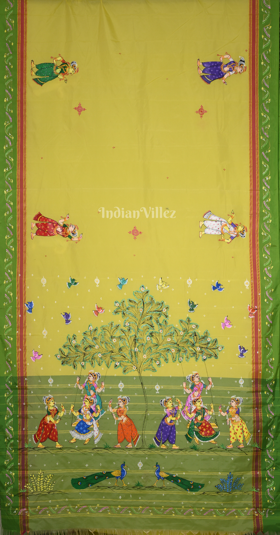 Yellow Mehendi Green Raja Doli Theme Hand-Painted Pattachitra Saree