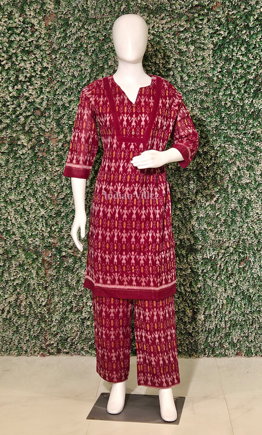 Maroon Tribal Motif Cotton Kurti Set with Pallazo (Co-Ords Set)
