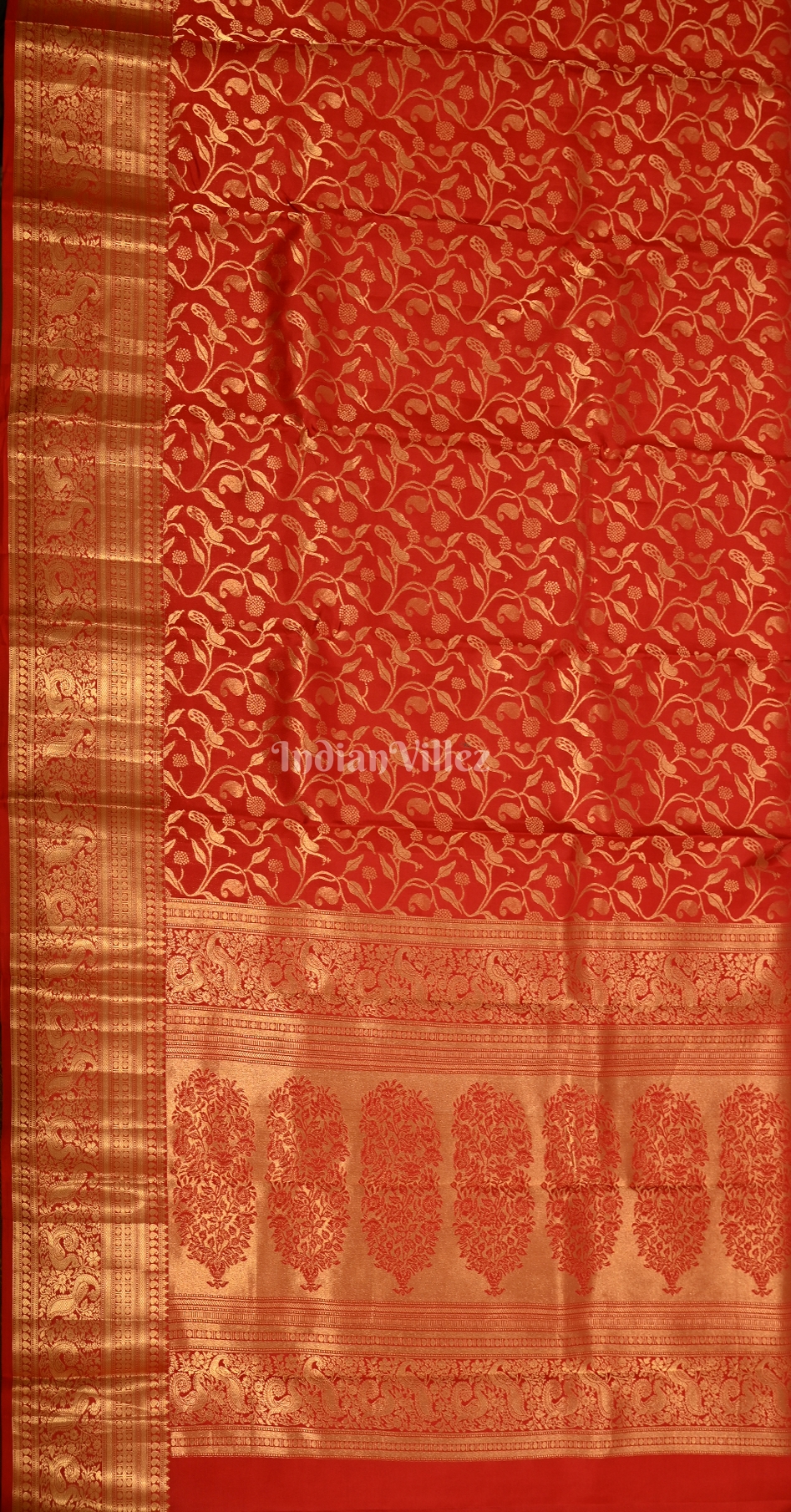  Exclusive Coral Red All-Over Floral Brocade Pure Kanjivaram Silk Saree  