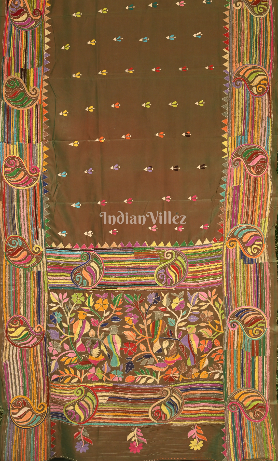 Olive Green Handwoven Kantha Stitch Silk Saree