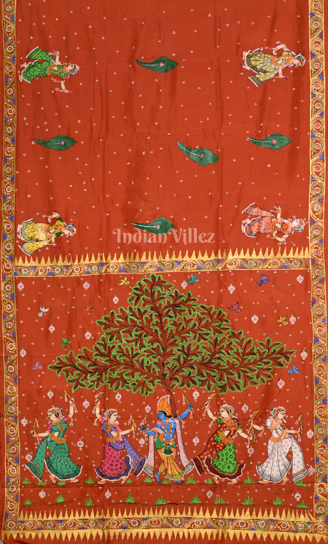 Orange Radha Krishna Raas Leela Hand-Painted Pattachitra Saree