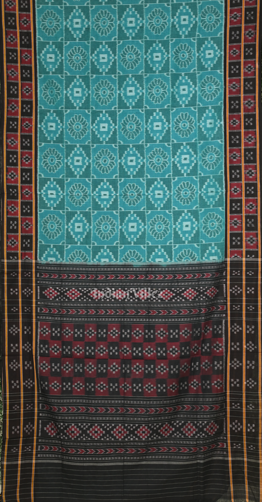 Sea Green Black Nabakothi Odisha Ikat Sambalpuri Pure Cotton Saree with Double Pasapali Border