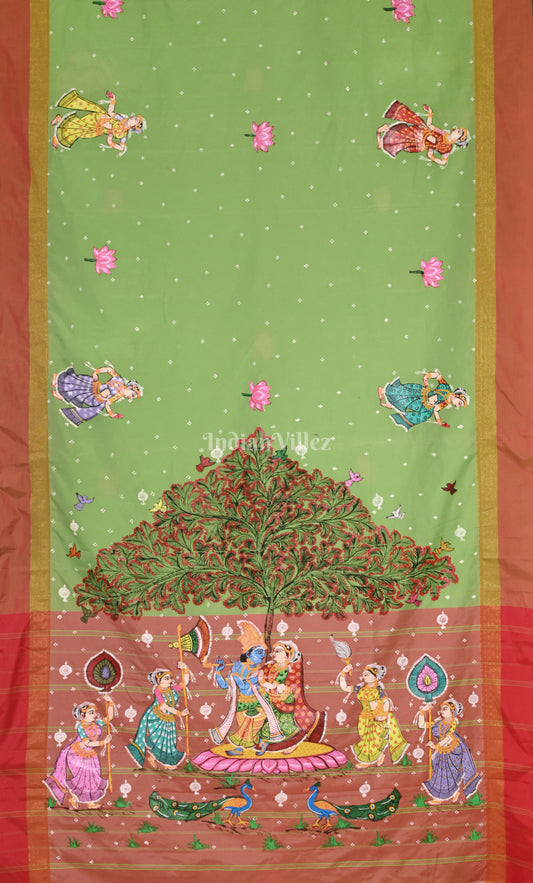 Parrot Green Raasleela Hand-Painted Pattachitra Saree