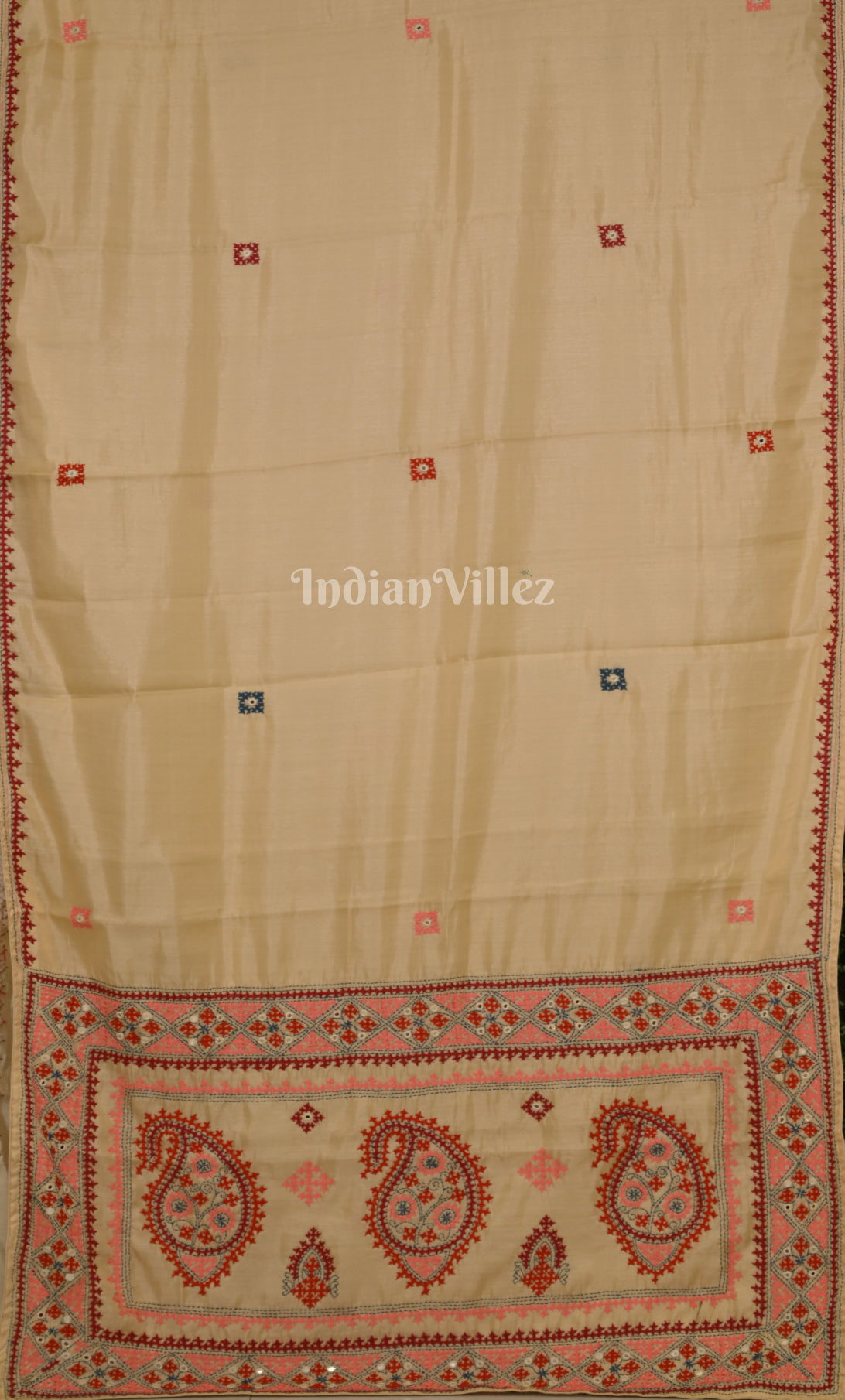 Cream Thread Work Hand Embroidery Kutch Work Silk Saree