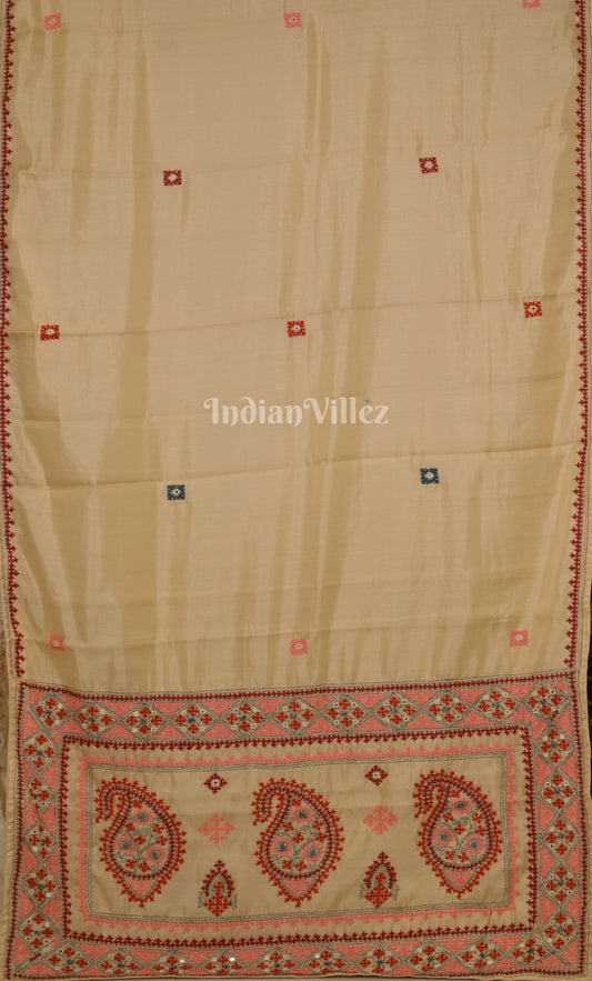 Cream Thread Work Hand Embroidery Kutch Work Silk Saree
