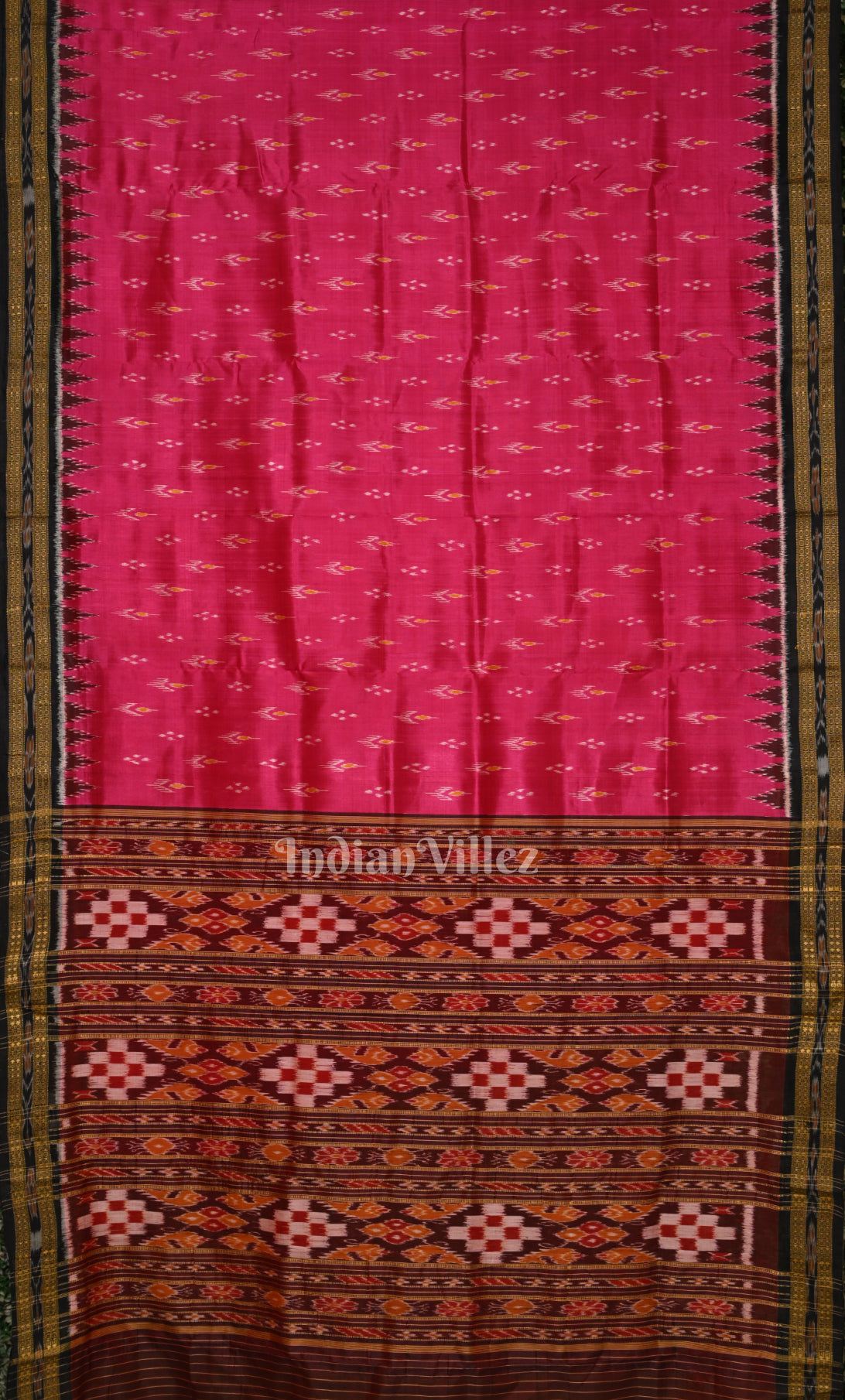  Rani Pink Black Mayur Chandrika Odisha Ikat Khandua Silk Saree