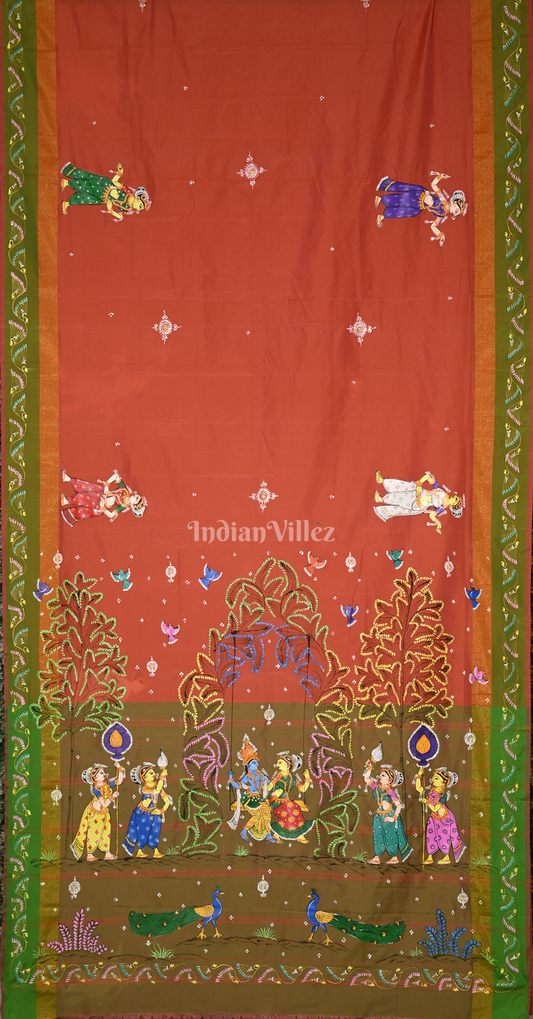 Orange Green Dual Tone Radha Krishna Doli Theme Hand-Painted Pattachitra Saree