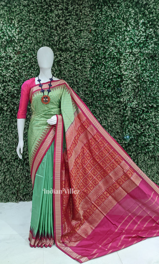 Pista Green Pink Odisha Ikat Bomkai Sambalpuri Silk Saree