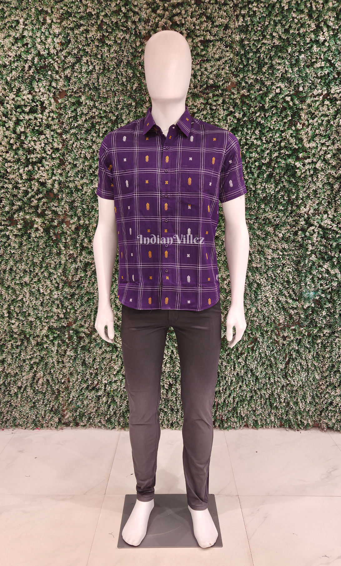 Purple Fish Motif Odisha Ikat Cotton Half Sleeve Shirt for Men 