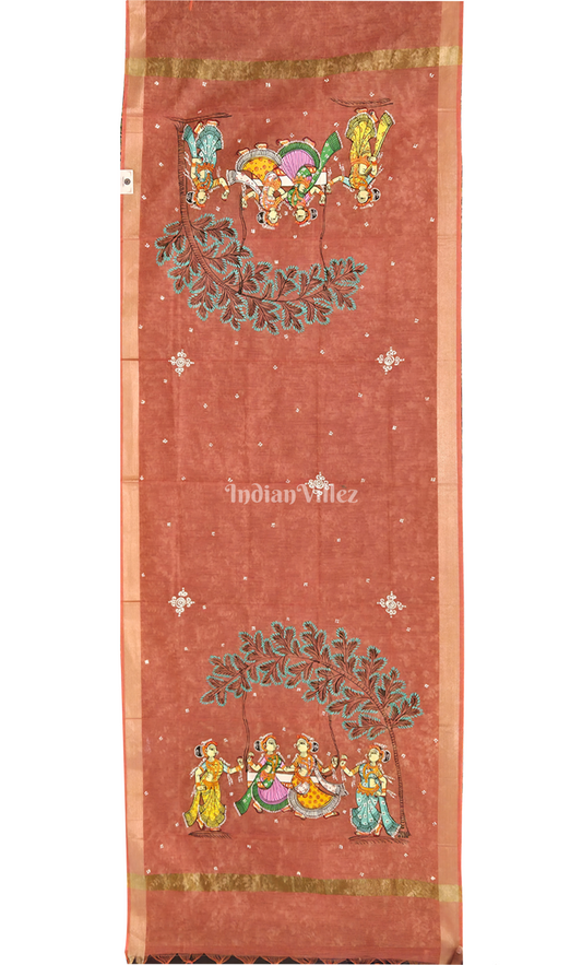 Rust Raja Doli Hand-Painted Pattachitra Chanderi Dupatta 