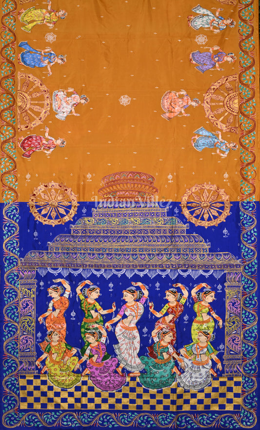 Rust Orange Blue Nartaki Konark Temple Hand-Painted Pattachitra Saree 