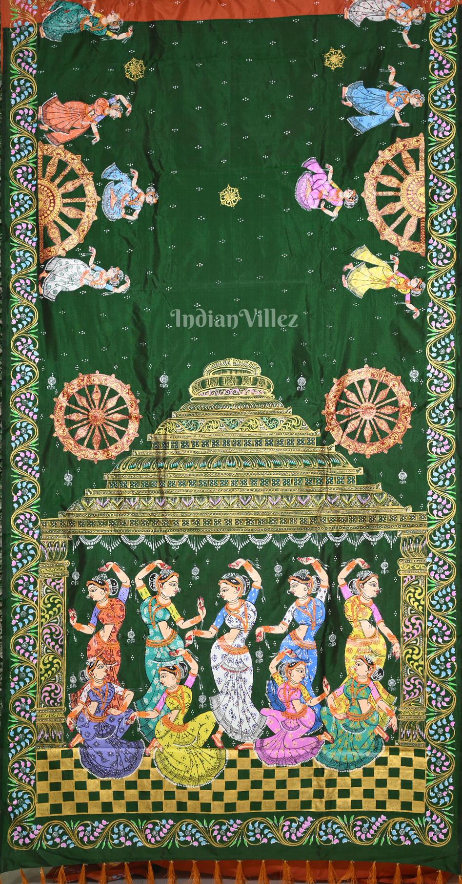 Green Orange Nartaki Konark Temple Hand-Painted Pattachitra Saree 