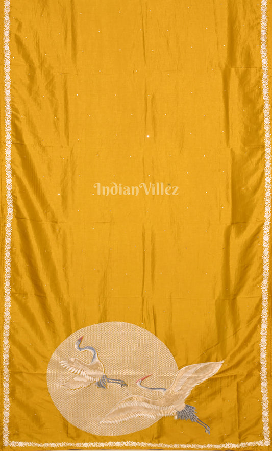 Yellow  Parsi Gara Satin Hand Embroidery  Saree 