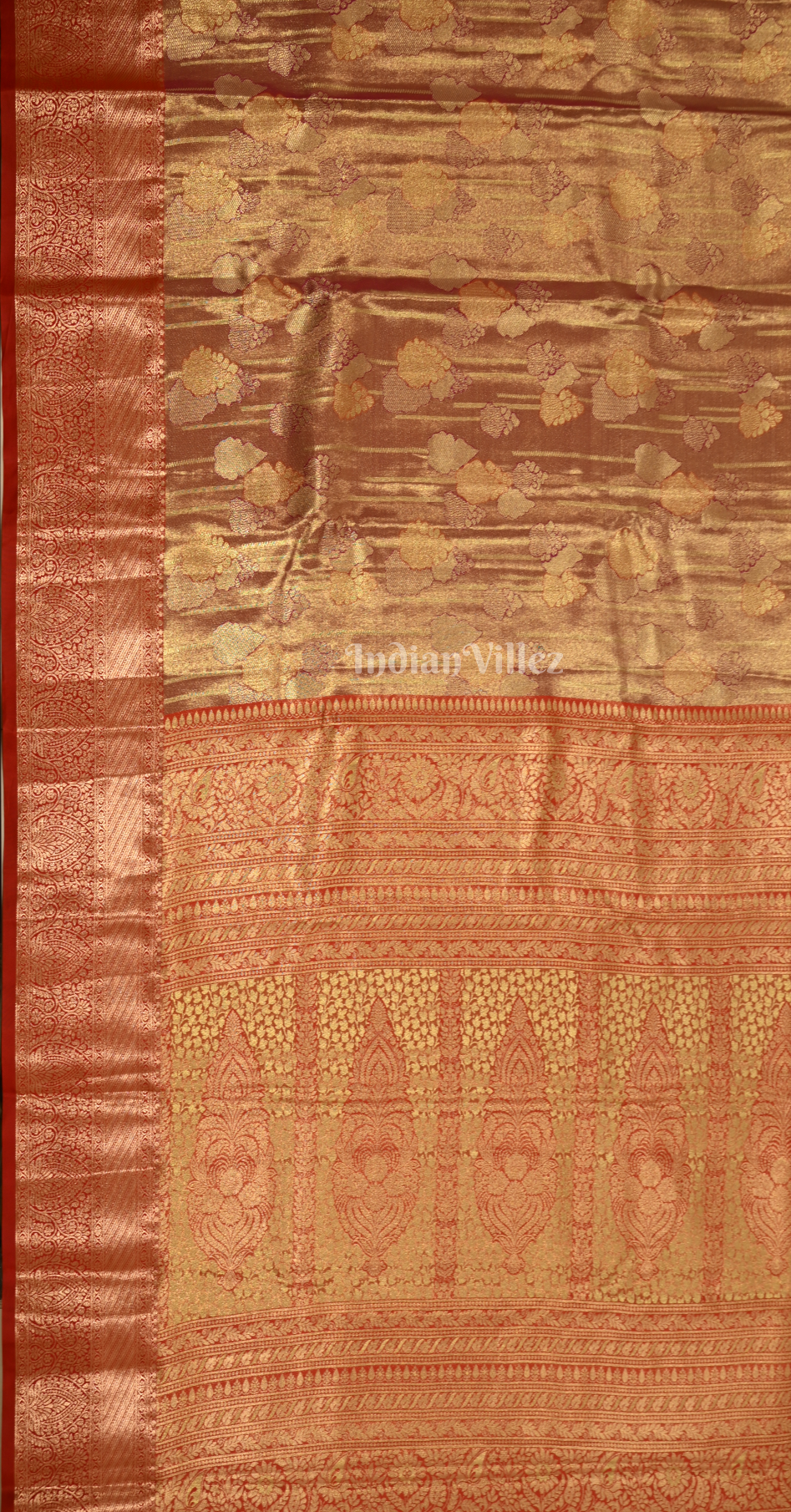 Rust Red Golden Dual Tone Pure Kanjivaram Tissue Silk Saree 