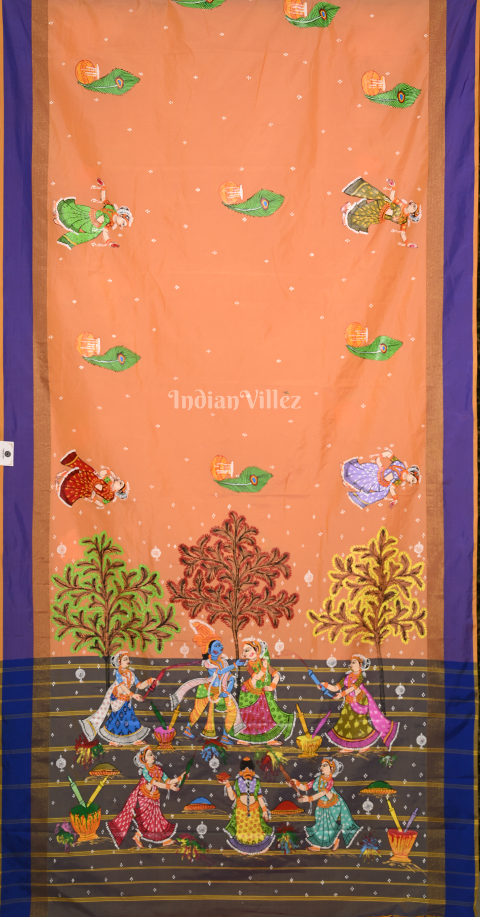 Orange Grey Krishna Raas Leela Hand-Painted Pattachitra Saree 