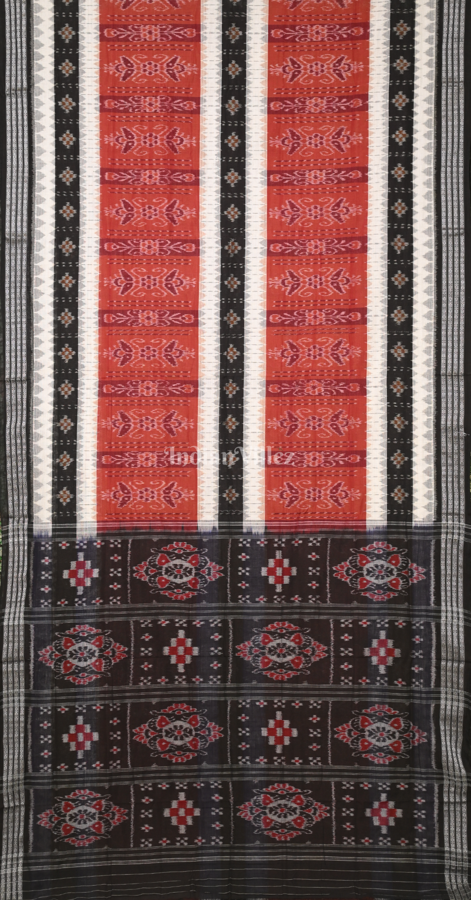 Brick Red Black Triple Line Pasapali Odisha Ikat Sambalpuri Cotton Saree 