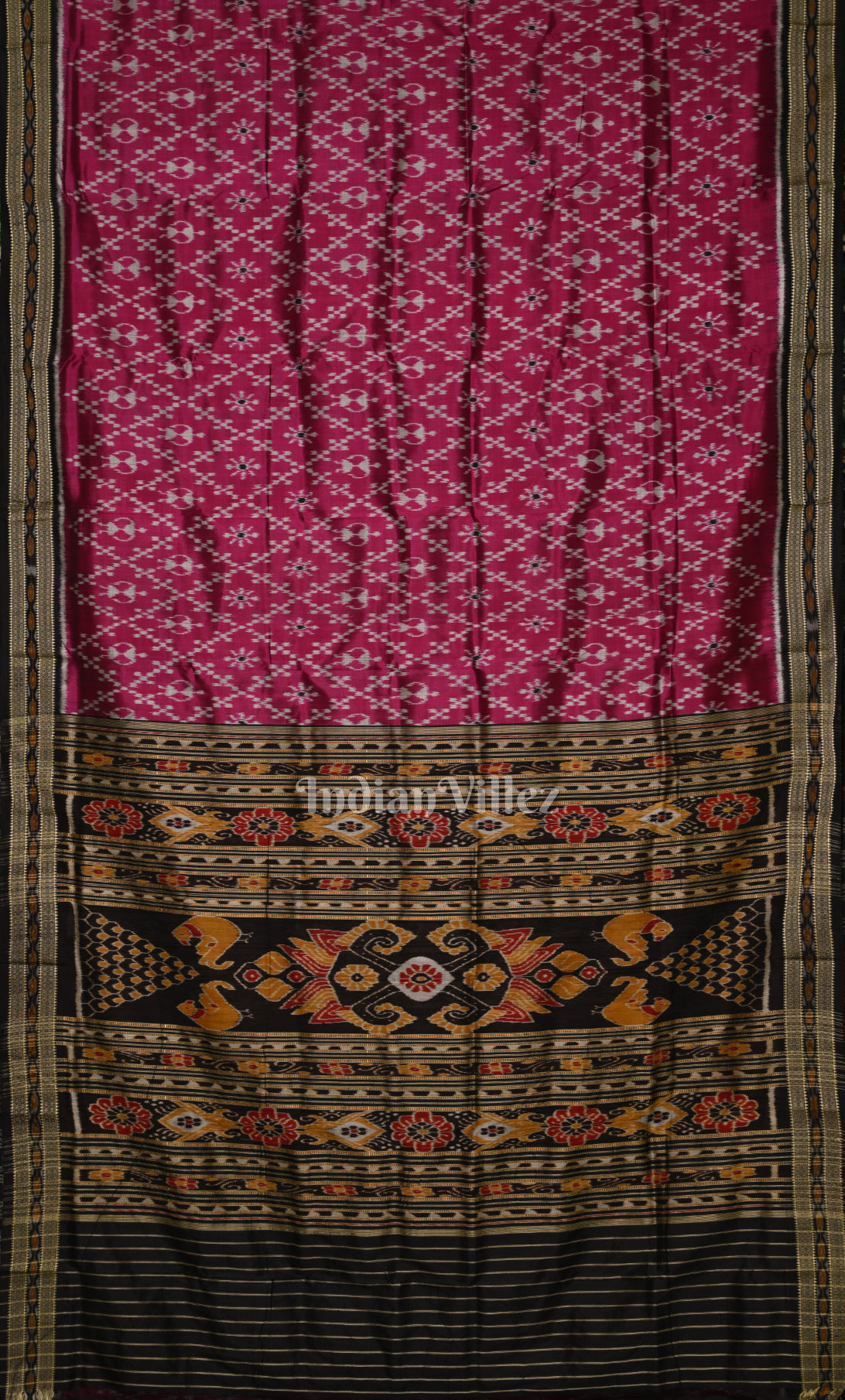 Magenta  Black Tribal Theme Odisha Ikat Khandua Silk Saree 