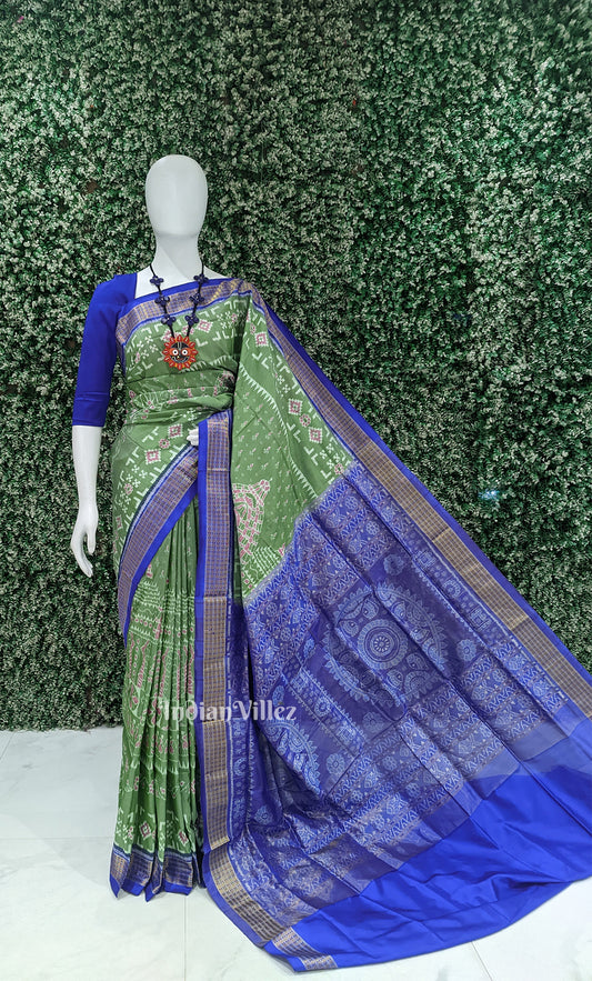 Mehendi Green Blue Tribal Theme Odisha Ikat Sambalpuri Half Tissue Silk Saree