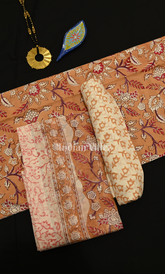 Light Orange Red Sanganeri Block Printed Cotton Suit Sets